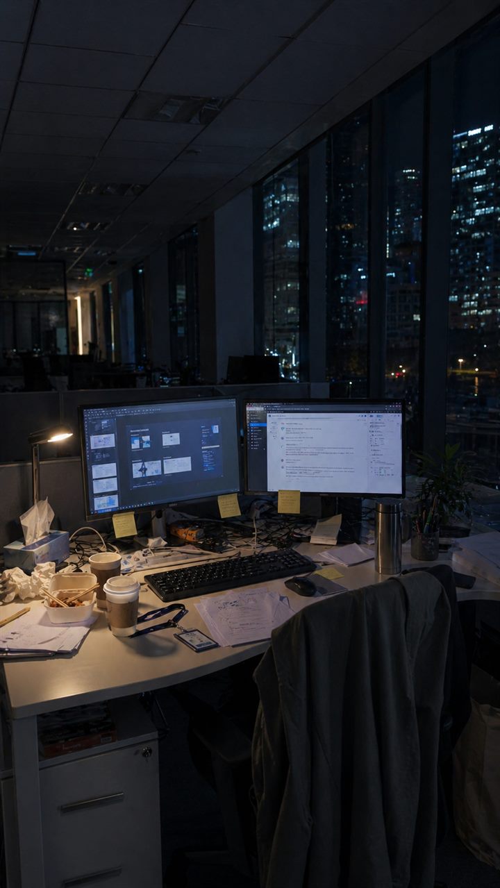 深夜加班工位区 CG 场景